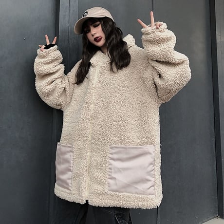 リバーシブル フード付き ボアブルゾン ユニセックス ラムウール 厚手 韓国ファッション ボアジャケット パーカー 2way もこもこ 防寒 カジュアル ストリート DTC-628591128418