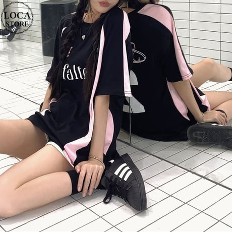 Tシャツ ユニフォーム風 オーバーサイズ サイドライン バイカラー トップス 半袖 レトロ 韓国ファッション レディース 大人可愛い ガーリー スポーツミックス DTC-802941498047