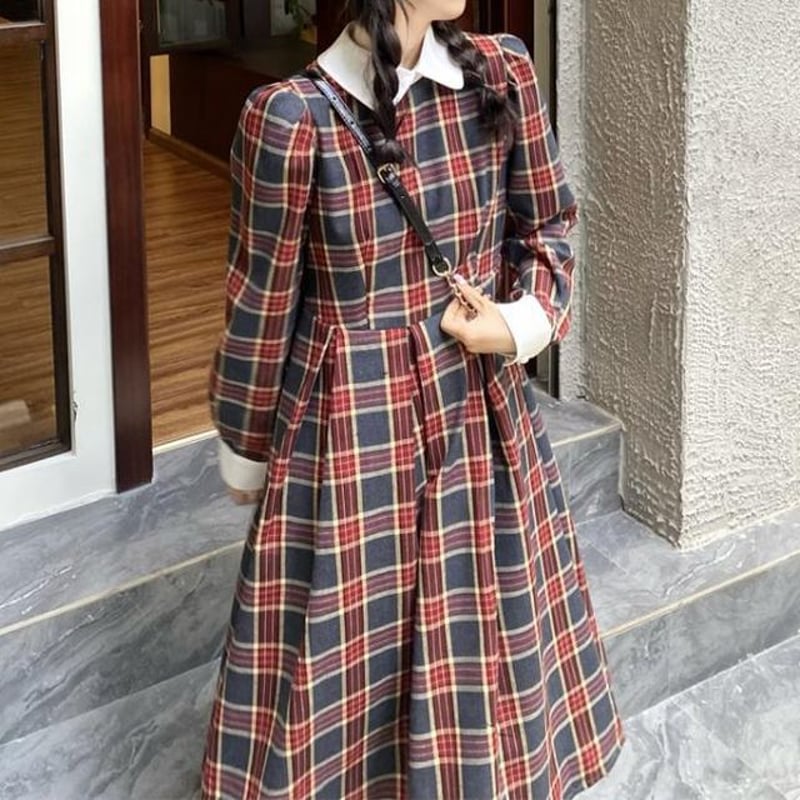 チェック柄 襟付き ワンピース 配色 ハイウエスト ロング丈 長袖