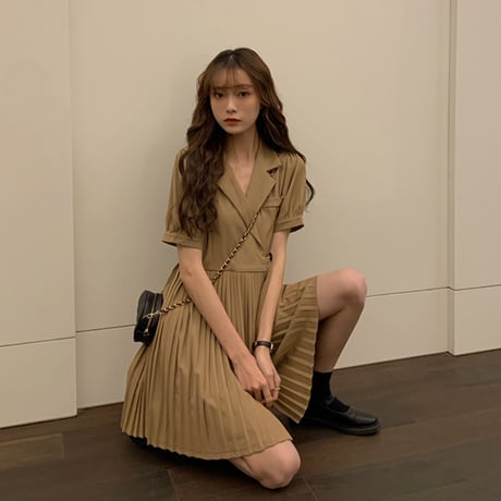 ワンピース プリーツスカート 半袖 ラペル 韓国ファッション レディース ミニワンピース ショート丈 Aライン ハイウエスト かわいい ガーリー レトロ DTC-617514165542