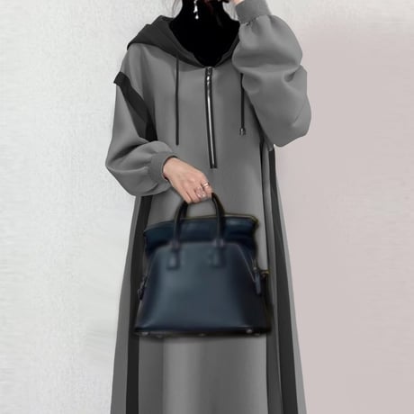 パーカーワンピース ハーフジップ ロングワンピース フード付き ワンピース バイカラー 切り替え 長袖 レトロ 大人可愛い ガーリー カジュアル DTCA-747683807821