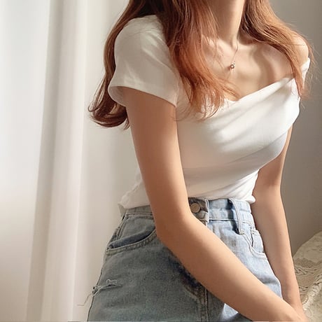 ワンショルダー トップス 不規則デザイン 半袖 韓国ファッション レディース Tシャツ 大人可愛い ガーリー フェミニン DTC-641886251782