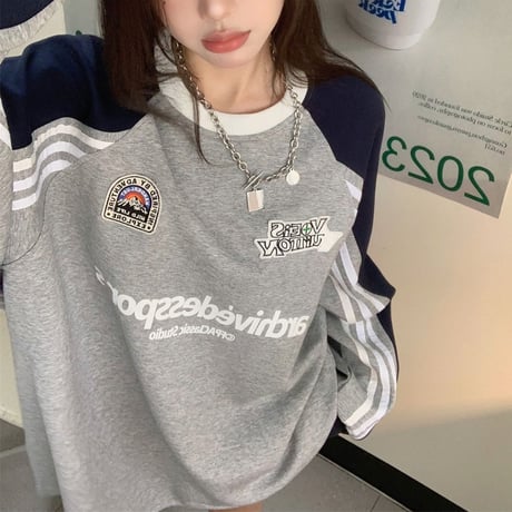 ロングTシャツ ワッペン バイカラー オーバーサイズ トップス ロンT 長袖 Tシャツ ゆったり カジュアル 韓国ファッション レディース ストリート系ファッション DTC-737520940808