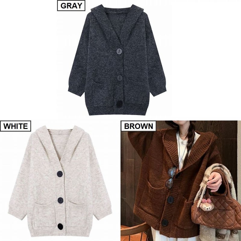 フード付き ニットカーディガン 大きいボタン ニット シングルブレスト