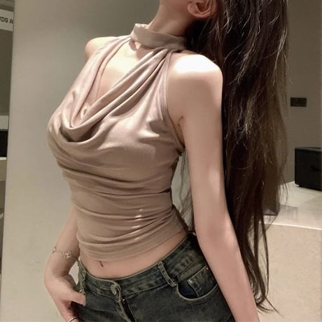 オープンバック ノースリーブ トップス ホルターネック タンクトップ バックオープン バックレス 背中開き tシャツ スリムフィット レトロ 大人可愛い ガーリー DTCA-888244191236