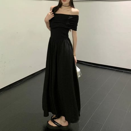 オフショルダー ワンピース ギャザー ハイウエスト 無地 ロングワンピース Aライン 半袖 レトロ 韓国ファッション レディース 大人可愛い ガーリー DTC-711428348814