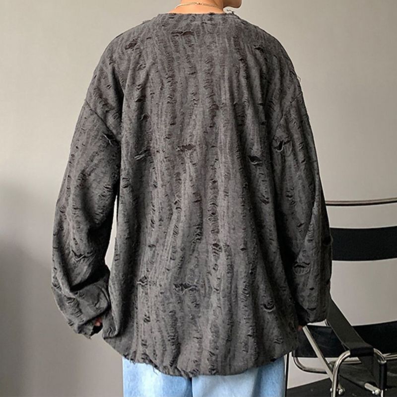 addup 長袖カットソー　ダメージ加工　韓国製 ユニセックス Tシャツ 長袖 ダメージ加工 無地 ロンT オーバー