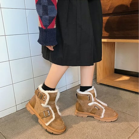 ムートンブーツ ショートブーツ ベルト 韓国ファッション レディースブーツ もこもこ カジュアル かわいい 歩きやすい (DTC-607055334665)