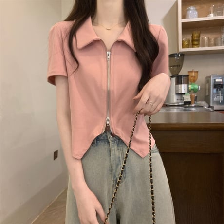 ダブルジップ トップス クロップド丈 半袖 Tシャツ へそ出し ポロトップス ポロ襟 レトロ 大人可愛い ガーリー カジュアル 韓国ファッション レディース DTC-710355440327