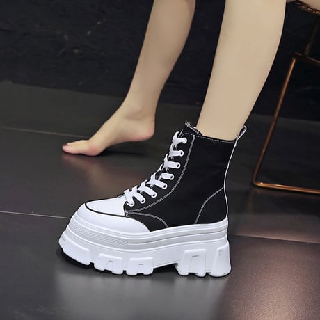 厚底 キャンバススニーカー ハイカット 22.5～24.5cm シューレース サイドファスナー ブラック ベーシック カジュアル 大人可愛い ガーリー DTC-650901386927