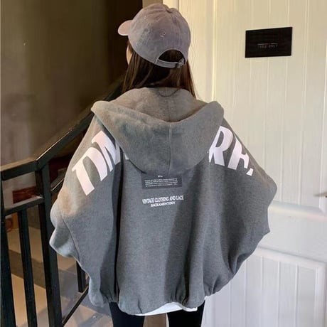 パーカー ジップアップ バックプリント ドルマン ライトアウター 体型カバー トップス ルーズ 長袖 レトロ 大人可愛い ガーリー カジュアル DTCA-673380979302