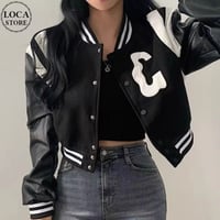 フェイクレザー スタジャン ロゴ ショート丈 ブルゾン ライトアウター ジャンパー ジャケット 長袖 ルーズ レトロ 大人可愛い ガーリー カジュアル DTCA-736582088108