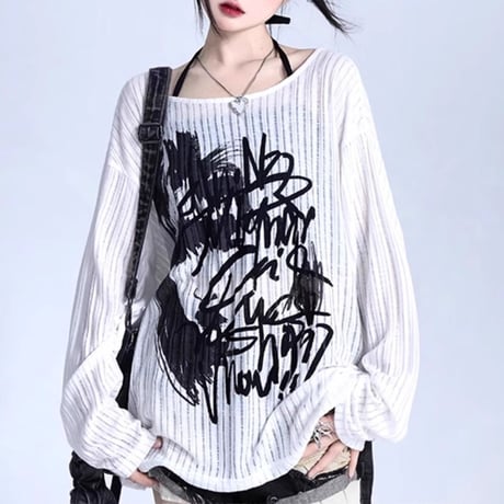シアートップス 薄手 グラフィティプリント シアーtシャツ シアー ロンt トップス ゆったり ルーズ 長袖 レトロ 大人可愛い ガーリー カジュアル DTCA-824610657989