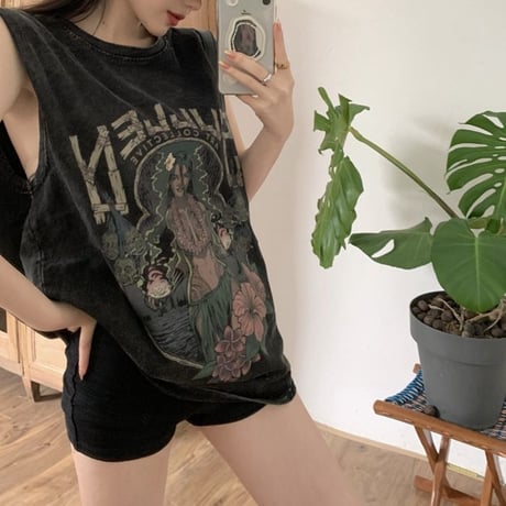 ヴィンテージ風 ノースリーブ ウォッシュ加工 タンクトップ tシャツ トップス オーバーサイズ ルーズ レトロ 大人可愛い ガーリー カジュアル ストリート女子 DTCA-795945053217
