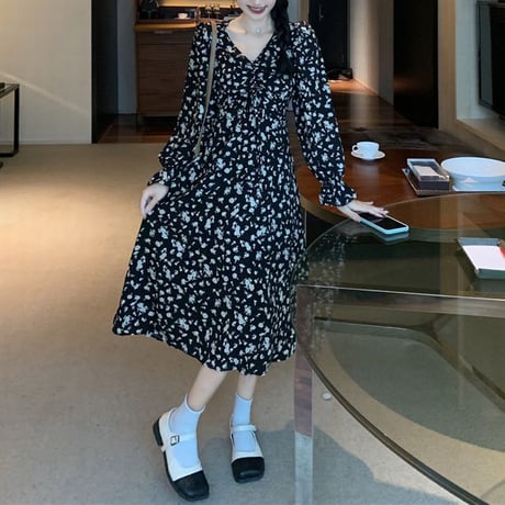 花柄 ワンピース フロントギャザー Vネック フリル袖 ロング丈 ハイウエスト 長袖 韓国ファッション レディース 大人可愛い ガーリー フェミニン DTC-654665818047