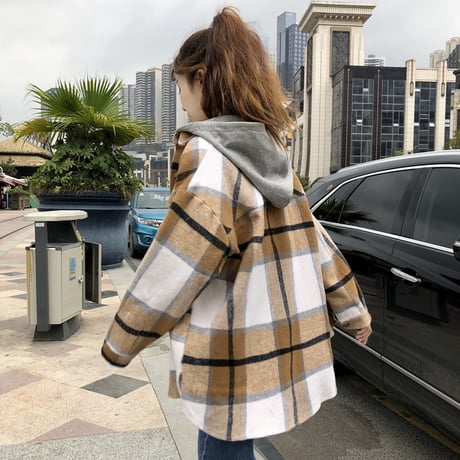 パーカー ネルシャツ 韓国ファッション レディース チェック柄 レイヤード 重ね着風 フード脱着 厚手 アウター 秋冬 カジュアル (DTC-601523687618)