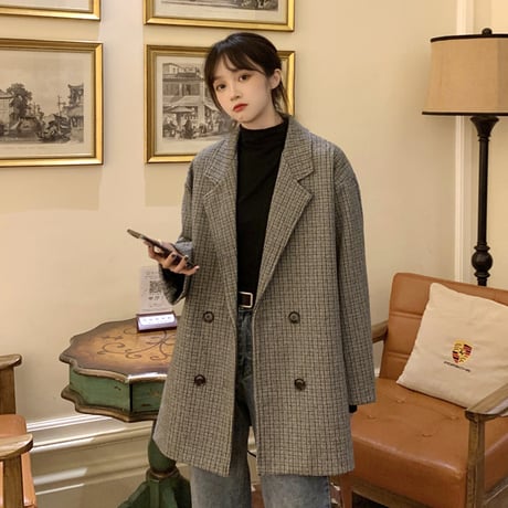 チェック柄 テーラードジャケット 厚手 キルティング ダブルブレスト 韓国ファッション レディース ロングジャケット ルーズ 長袖 大人可愛い ガーリー DTC-628946879075