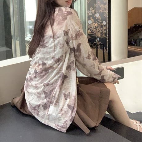 シアートップス バタフライ柄 シースルー オーバーサイズ tシャツ ルーズ 長袖 レトロ 韓国ファッション レディース 大人可愛い ガーリー DTC-803808832596