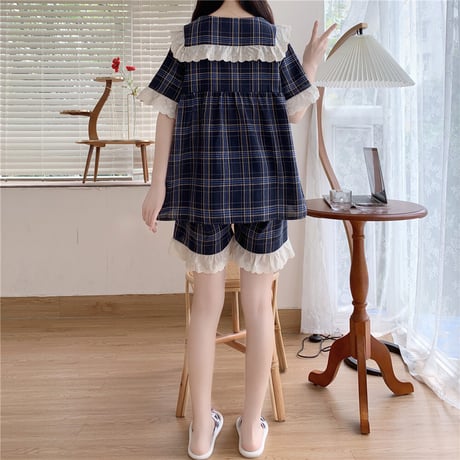 ルームウェア パジャマ セットアップ チェック柄 フリル トップス ショートパンツ 韓国ファッション レディース 上下セット 部屋着 ガーリー フェミニン DTC-639918013905_a