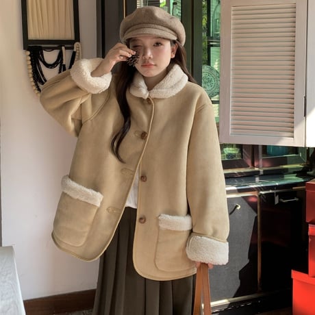 ボア ショートコート ボアジャケット フェイクラムウール ボアコート ムートンコート アウター 防寒 レトロ 韓国ファッション レディース 大人可愛い ガーリー DTC-746178811715