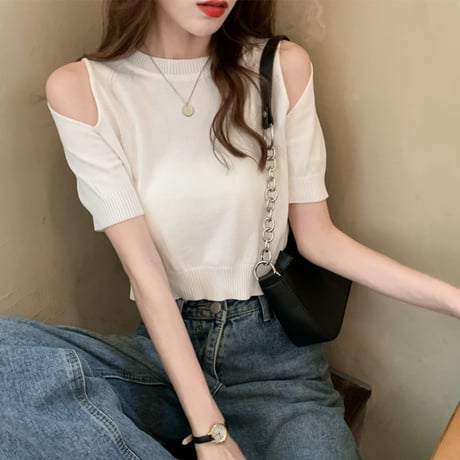 tシャツ オープンショルダー サマーニット 半袖 ショート丈 へそ出し 肩開き 肩出し 薄手 トップス 韓国ファッション レディース 大人可愛い ガーリー DTCA-640484604365