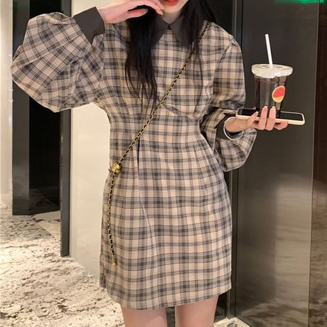 チェック柄 襟付きワンピース パフスリーブ ミニワンピース ルーズ ハイウエスト 薄手 長袖 Aライン レトロ 韓国ファッション レディース 大人可愛い ガーリー DTC-682195558400
