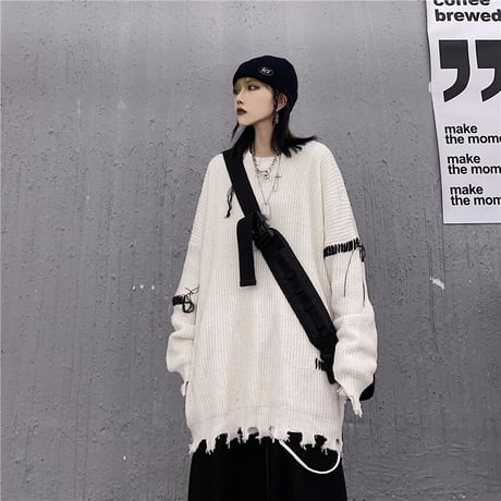 ユニセックス ダメージ加工 ニット ドロップショルダー セーター オーバーサイズ 韓国ファッション メンズ レディース ビター系 ストリート系ファッション DTC-630242686847
