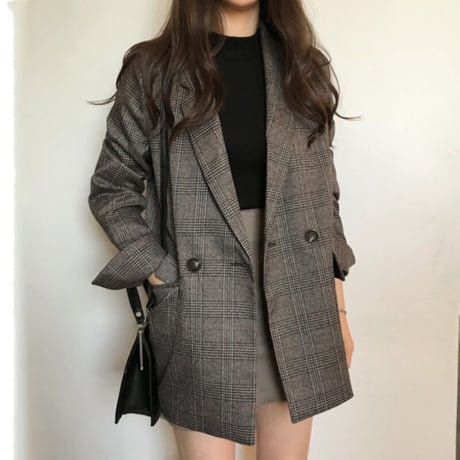 グレンチェック テーラードジャケット ショートコート 韓国ファッション レディース ジャケット ダブルブレスト アウター ゆったり 大人可愛い ガーリー DTC-624837807769