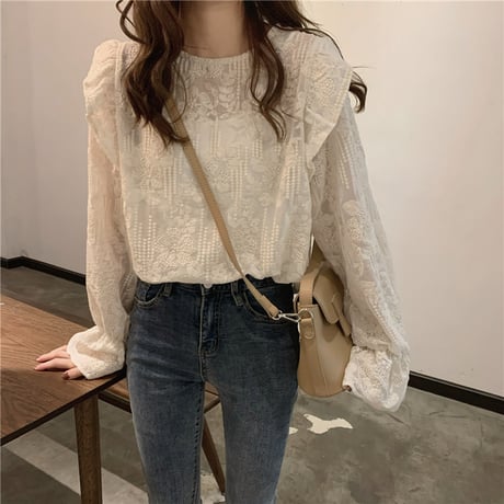 レース ブラウス トランペットスリーブ シフォン トップス ルーズ 長袖 韓国ファッション レディース 大人可愛い ガーリー フェミニン レトロ DTC-631535545769