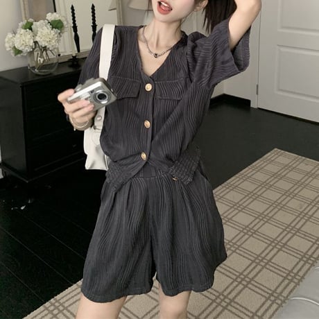 セットアップ 上下セット ノーカラージャケット ショートパンツ 半袖 ハイウエスト レトロ 韓国ファッション レディース 大人可愛い ガーリー カジュアル DTC-715103041687