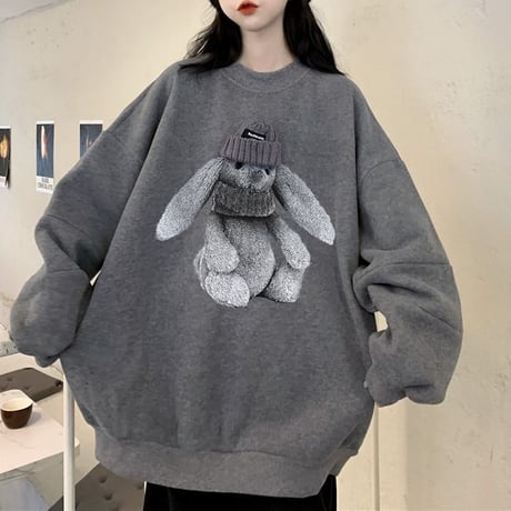 トレーナー うさぎ ラビット スウェット 厚手 オーバーサイズ 長袖 ゆったり レトロ 韓国ファッション レディース 大人可愛い ガーリー カジュアル DTC-659139065147