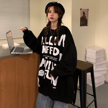 トレーナー ロンT 薄手 オーバーサイズ ラウンドネック 英字 クマちゃん ベアー ルーズ レトロ 韓国ファッション レディース ガーリー カジュアル ストリート系 DTC-656998579130