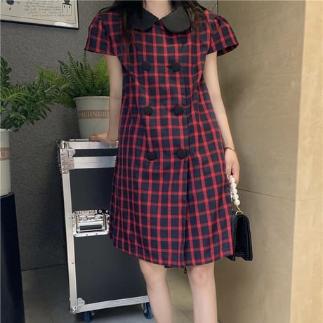 【2カラー】 チェック柄 ワンピース ダブルボタン 襟付き ミニワンピース 半袖 ルーズウエスト レトロ 韓国ファッション レディース 大人可愛い ガーリー DTC-674520833306