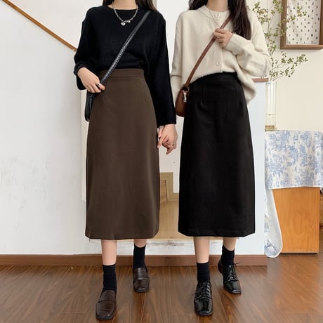 スカート バックスリット ハイウエスト ロング丈 Aラインスカート ストレート レトロ 韓国ファッション レディース 大人可愛い ガーリー DTC-627856239032