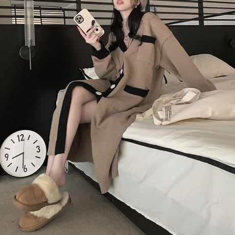 ロングカーディガン V ネック バイカラー ニット カーディガン ロング丈 長袖 韓国ファッション レディース レトロ 大人可愛い ガーリー DTC-691112682616