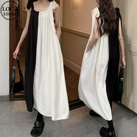 バイカラー キャミワンピース ロングワンピース ノースリーブ ハイウエスト レトロ 韓国ファッション レディース 大人可愛い ガーリー DTC-679346923592