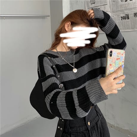クロップドニット ボーダーニット ショート丈 クロップド丈 ラウンドネック ボーダー 長袖 ルーズ レトロ 韓国ファッション レディース 大人可愛い ガーリー DTC-653712982192