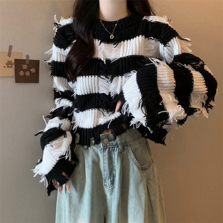 ボーダーニット ダメージ加工 フリンジ ブラック レッド プルオーバー ダメージニット ニット ボーダー ショート丈 セーター ルーズ 秋 冬 レトロ カジュアル DTCA-749285041716