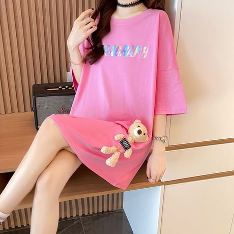 クマのぬいぐるみ付き Tシャツ ダブルポケット 幾何学 チュニック ゆったり 半袖 レトロ 韓国ファッション レディース 大人可愛い ガーリー カジュアル DTC-668699340794