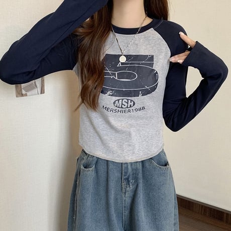 ロンT クロップド丈 ナンバープリント ラグランスリーブ ショート丈 トップス tシャツ スリムフィット 長袖 レトロ 大人可愛い ガーリー カジュアル DTCA-860701868371