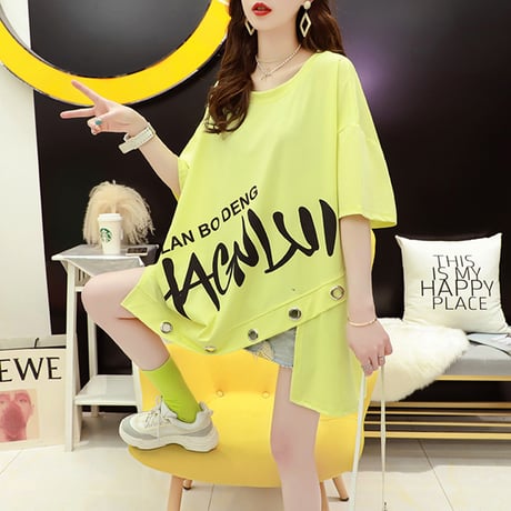 不規則デザイン Tシャツ 英字プリント ラウンドネック スリット 半袖 韓国ファッション レディース トップス ガーリー カジュアル ストリートファッション DTC-643528969619