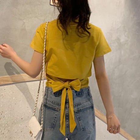 バックリボン tシャツ バックレス ウエスト見せ ショート丈 クルーネック 半袖 トップス レトロ 大人可愛い ガーリー カジュアル DTCA-732666685652