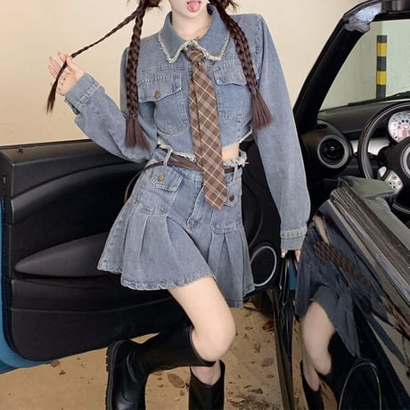 セットアップ デニム デニムジャケット プリーツスカート 長袖 クロップド丈 ベルト ネクタイ クラッシュ加工 韓国ファッション レディース 大人可愛い ガーリー DTC-681912441007