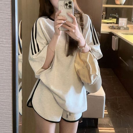 セットアップ サイドライン Tシャツ ショートパンツ 半袖 トップス ルーズ スポーツミックス レトロ 韓国ファッション レディース 大人可愛い ガーリー DTCA-953137451755