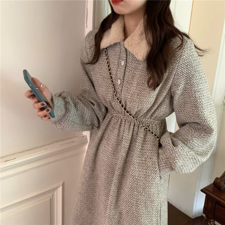 ボアカラーワンピース ボア襟 長袖 Aライン 韓国ファッション レディース ワンピース フレアワンピース 可愛い ガーリー DTC-629005220303