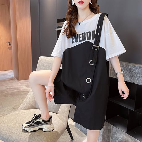 フェイクレイヤード ワンピース Tシャツ ジャンパースカート 半袖 ルーズ 韓国ファッション レディース ドッキングワンピース カジュアル 大人可愛い ガーリー DTC-651220942798