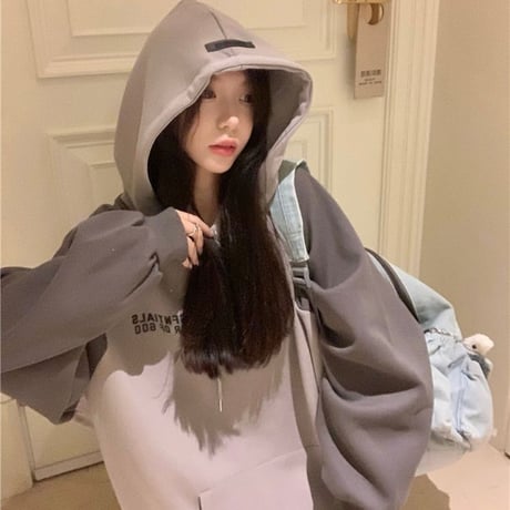 バイカラー パーカー ダークグレー プルオーバー オーバーサイズ ビッグシルエット レトロ 韓国ファッション レディース カジュアル 韓国ストリートファッション DTC-684860027672_dg