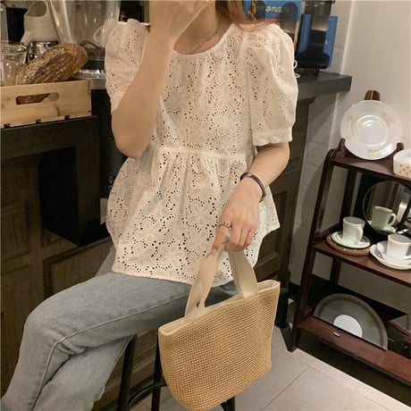 ブラウス パフ袖 半袖 韓国ファッション レディース トップス 透け感 ゆったり ラウンドネック カットソー 大人可愛い ガーリー DTC-623785023447