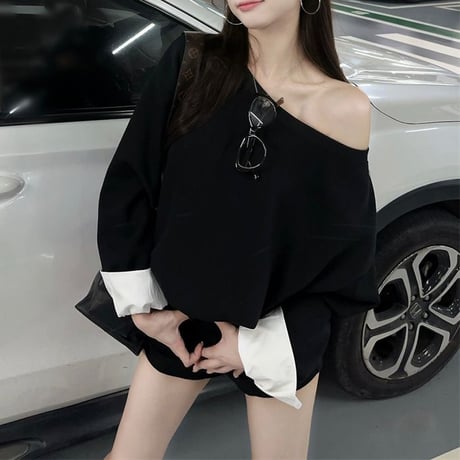 袖異素材 スウェット ワンショルダーショート丈 ドッキングトップス トップス ルーズ 長袖 レトロ 韓国ファッション レディース 大人可愛い ガーリー カジュアル DTCA-891160950562