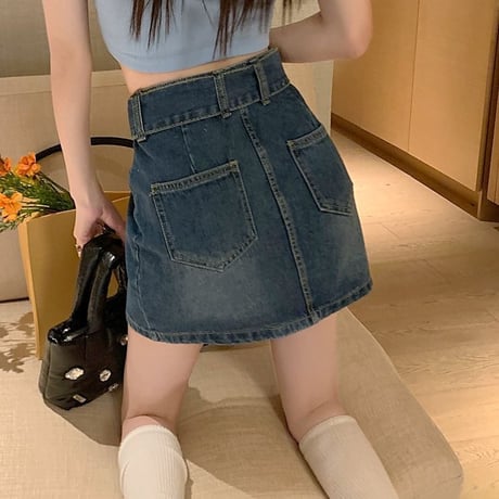 デニムスカート ベルト付 インナーパンツ 不規則デザイン ハイウエスト デニム ミニスカート レトロ 韓国ファッション レディース 大人可愛い ガーリー カジュアル DTC-675624432030